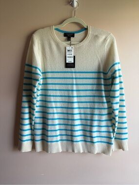 100% Cashmere- Charter Club Cream and Turquoise Striped Crewneck Sweater - Large